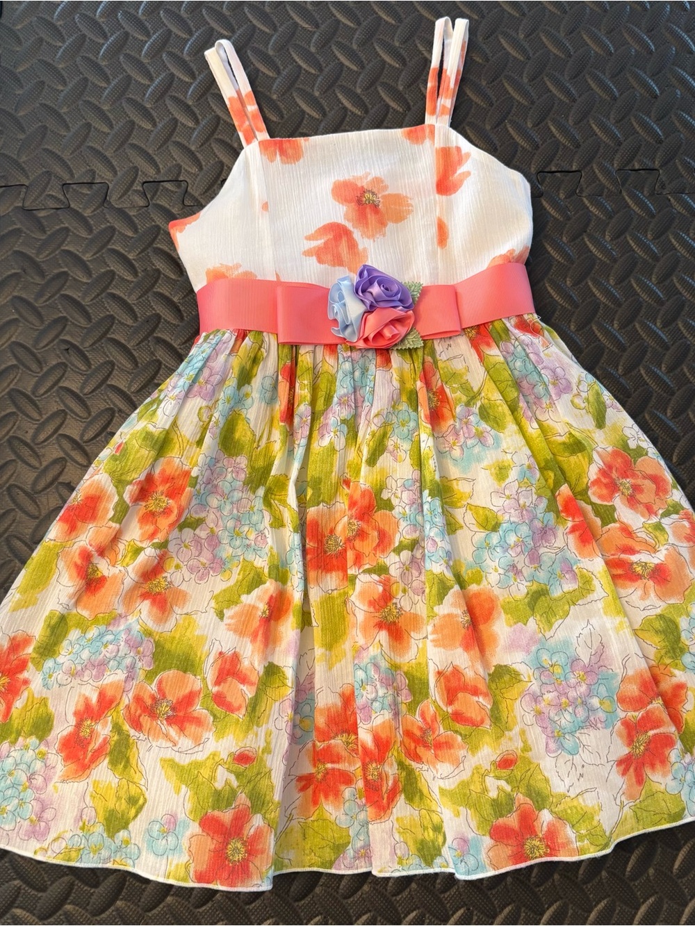 Bloome Jeune Fille Floral Coral and White Girls' Sundress w/Ribbon Waist. Size 4